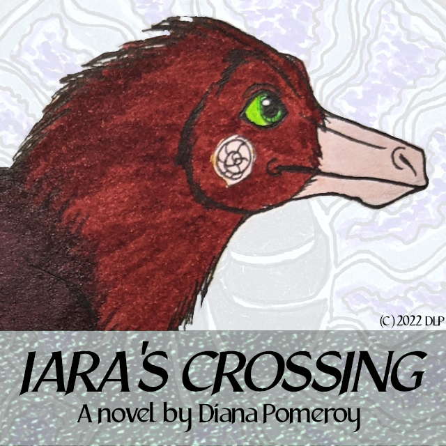 Iara looks to the right-green eyed brown feathered dinosaur against an ammonite, text reads Iara's Crossing a Novel by Diana Pomeroy 