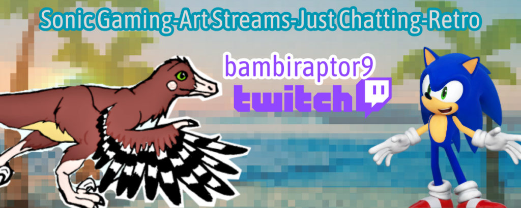 Twitch banner with Iara and Sonic against a beach at sunset