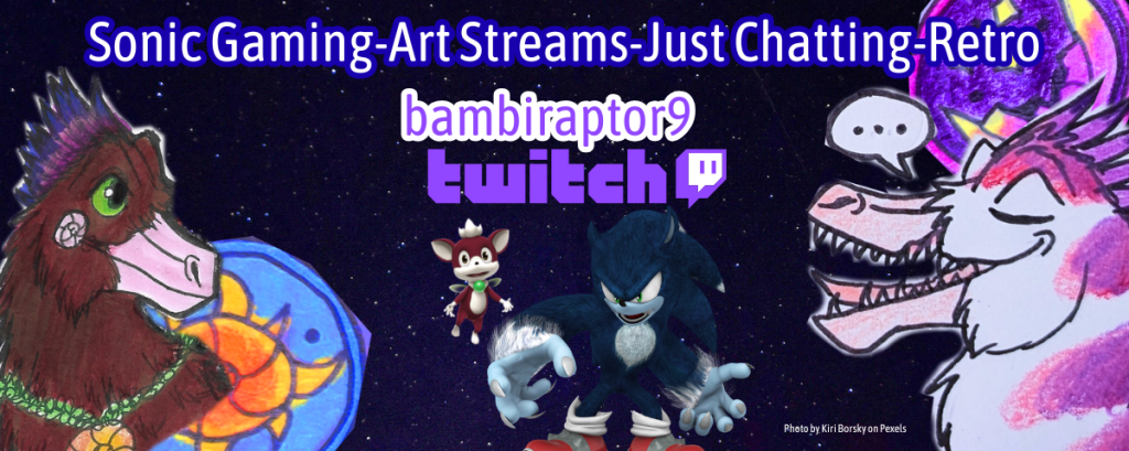 bambiraptor9twitch banner with a purple starry background, dinosaur illustrations and the Werehog with Chip in the center. Sonic Gaming, Art Streams, Just Chatting, Retro Games