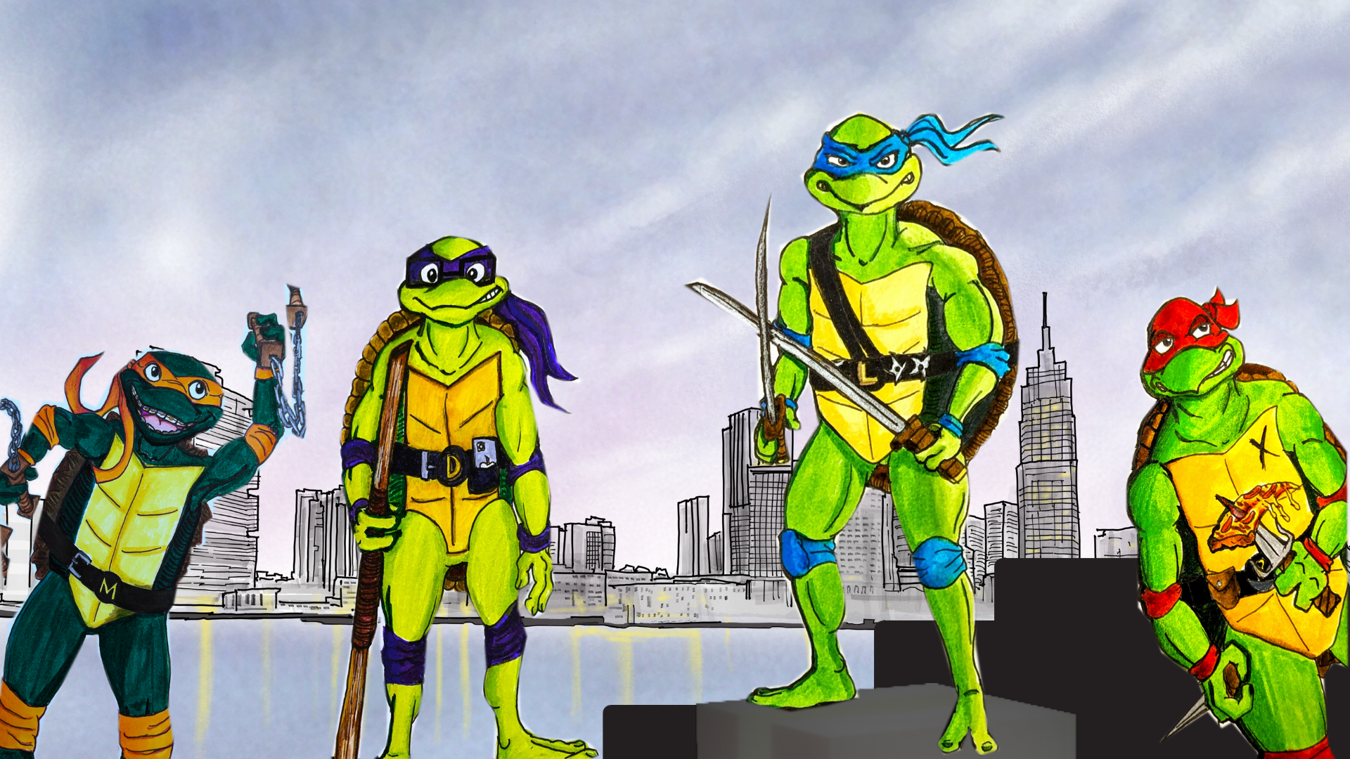 The TMNT as depicted in the 2023 movie against the NY city skyline