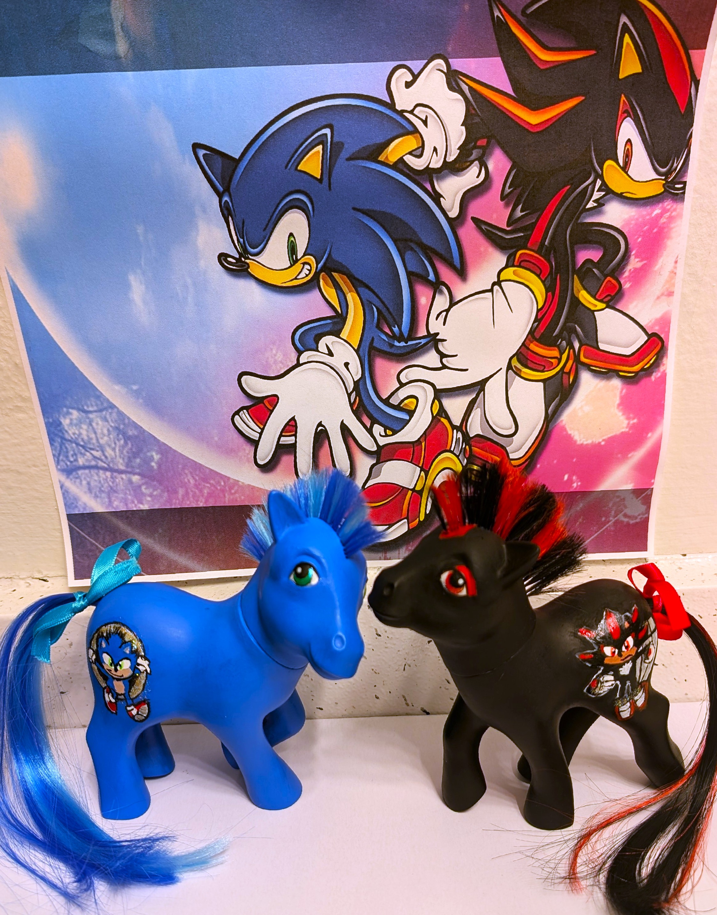 Sonic and Shadow ponies against a Sonic Adventure 2 background