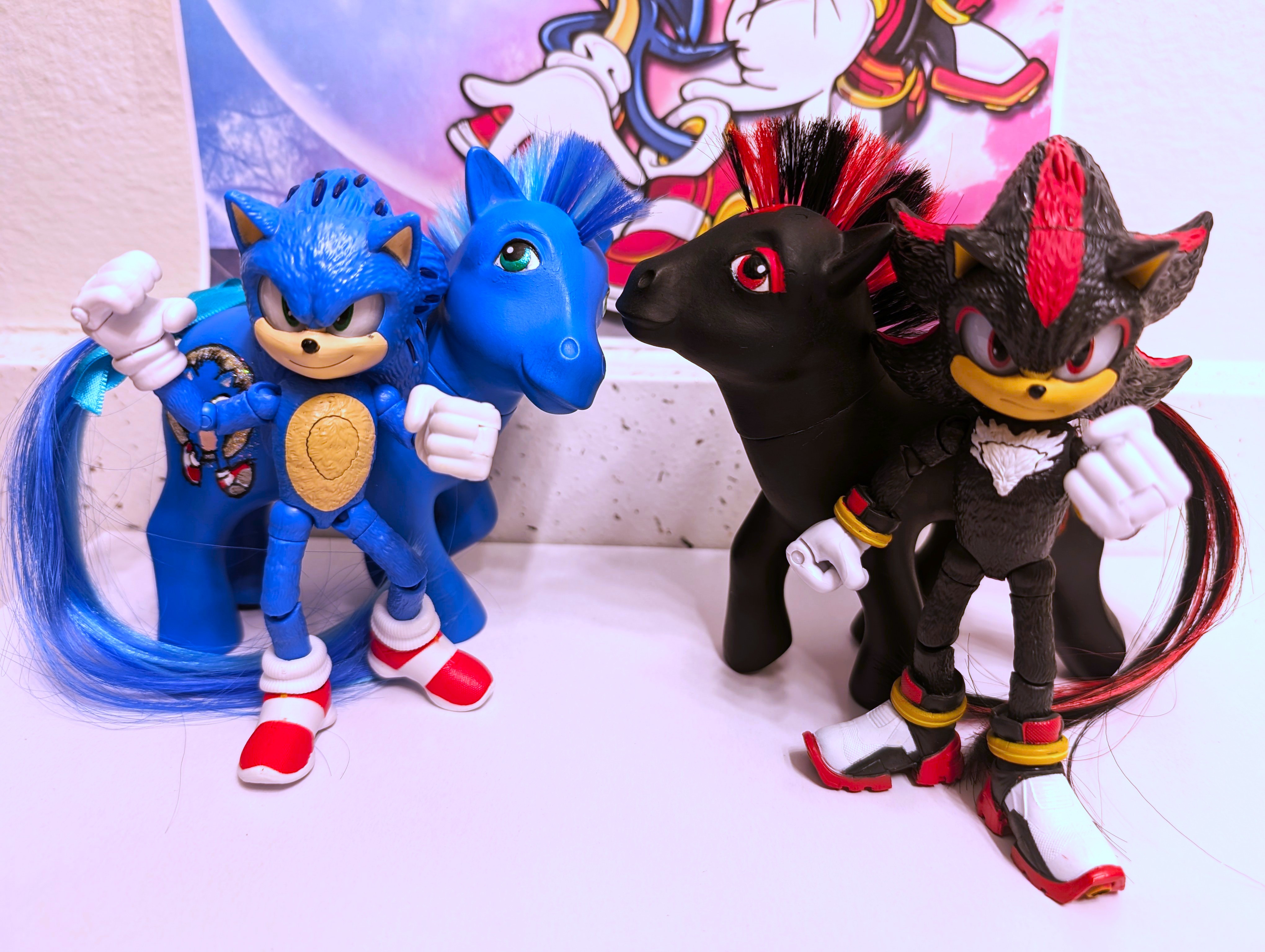 Sonic and Shadow ponies with Sonic and Shadow figures against a Sonic Adventure 2 background