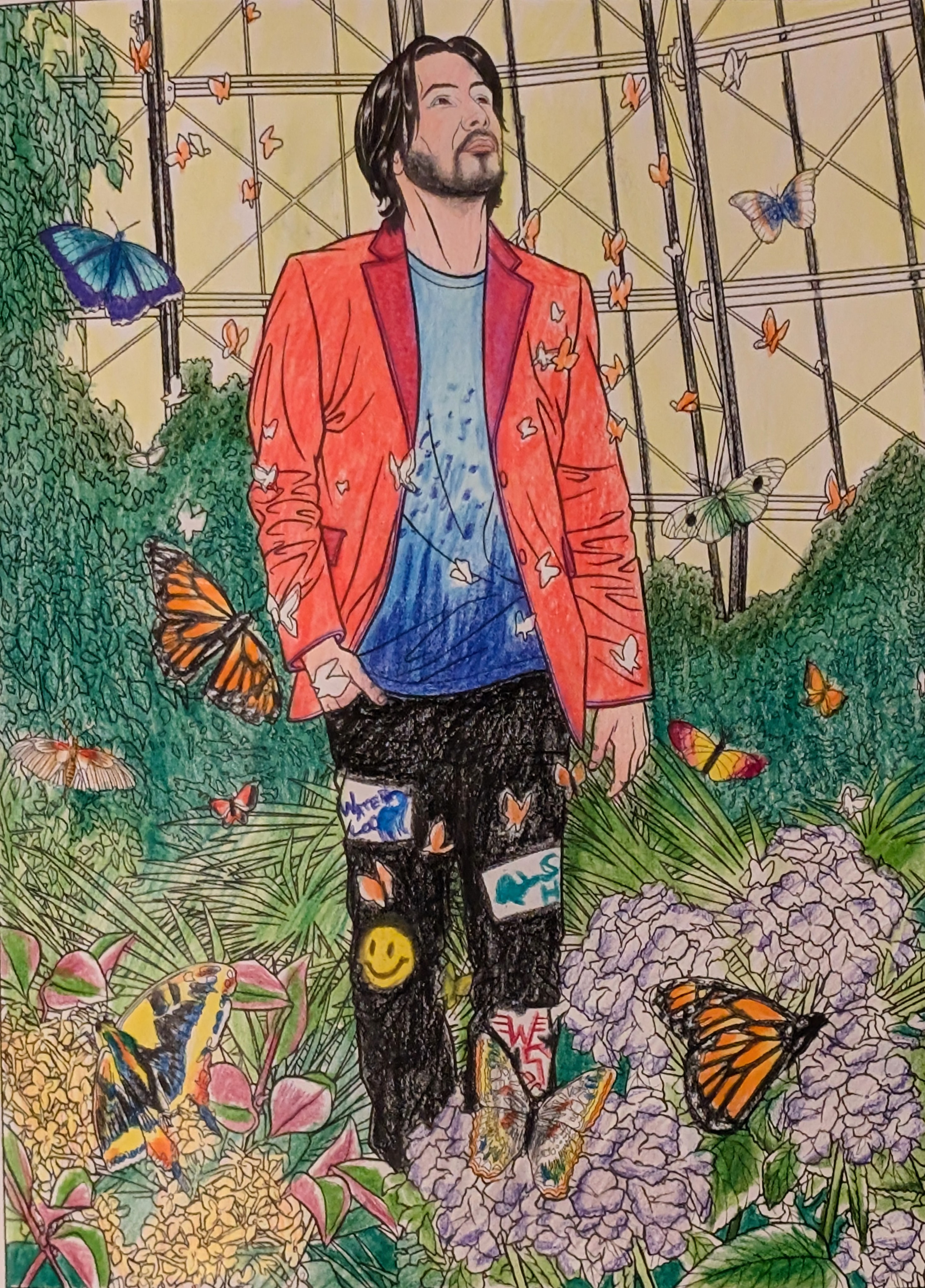 Ted "Theodore" Logan in an arboretum with butterflies [Keanu Reeves Crush N Color Page]